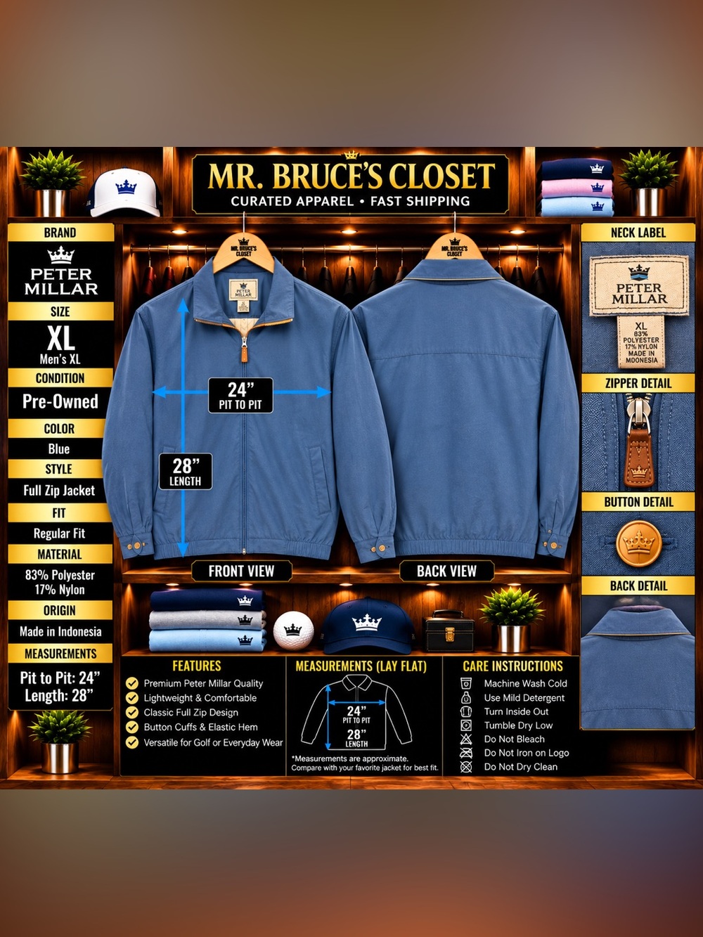 Peter Millar Blue Lightweight Full-Zip Shirt Jacket
